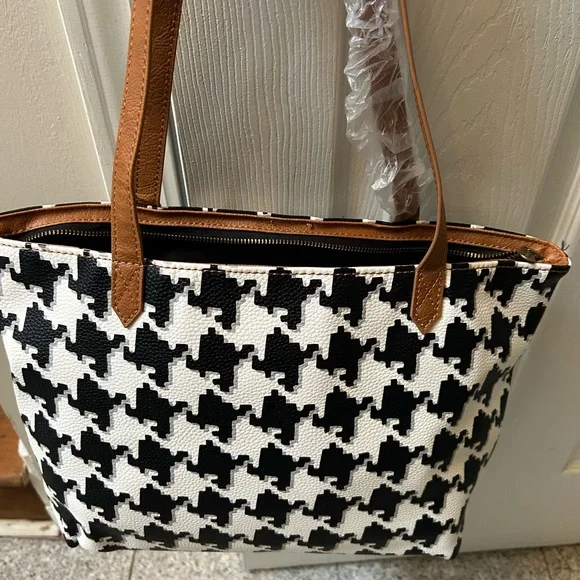 New: Thirty-One Black & White Houndstooth Tote Bag with Tan Handles - Picture 7 of 7